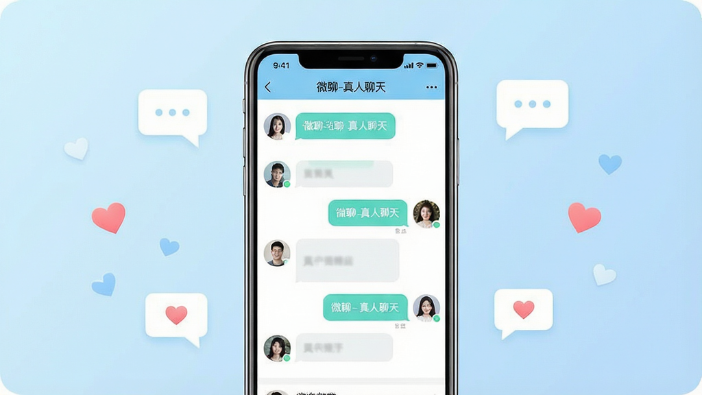 一张展示手机社交聊天界面的场景图,画面中央是一部竖屏智能手机,屏幕上显示着“微聊-真人聊天”应用的主界面,界面中有多个真人头像气泡和对话列表,背景是柔和的浅蓝色渐变,周围点缀着简约的聊天气泡图标和爱心符号,整体风格清新明快,布局居中对称,画质清晰干净,无多余元素,适合软件下载站展示使用