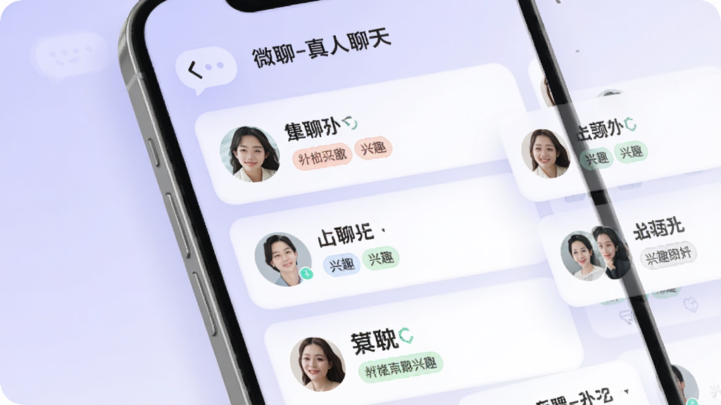 手机应用界面展示图,画面中“微聊-真人聊天”的智能推荐页面,多个用户卡片以瀑布流形式排列,每张卡片上有头像、昵称和兴趣标签,背景为淡紫色渐变,风格柔和圆角,布局错落有致,画质细腻干净,整体视觉舒适无杂乱元素