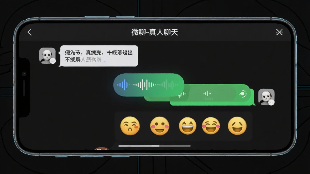 一部手机横屏展示聊天对话界面,屏幕上显示“微聊-真人聊天”的对话窗口,包含文字气泡、语音条和表情包,背景为深色模式,风格现代科技感,布局左右分列清晰,画质锐利干净,无多余干扰元素