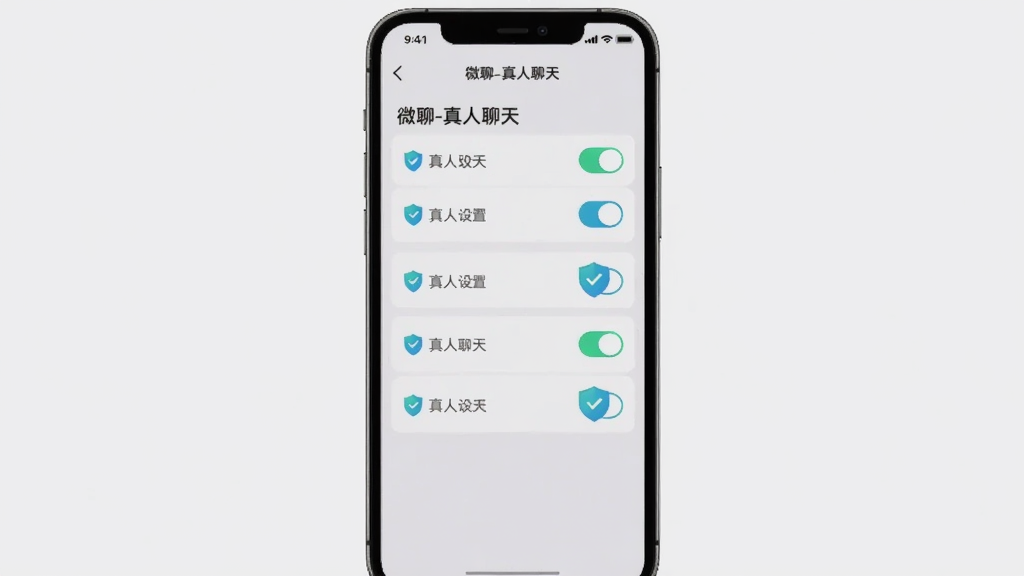 手机屏幕显示“微聊-真人聊天”的隐私设置页面,页面上有多个开关按钮和盾牌安全图标,背景为浅灰色,风格素雅极简,布局纵向排列整齐,画质清晰干净,无多余装饰