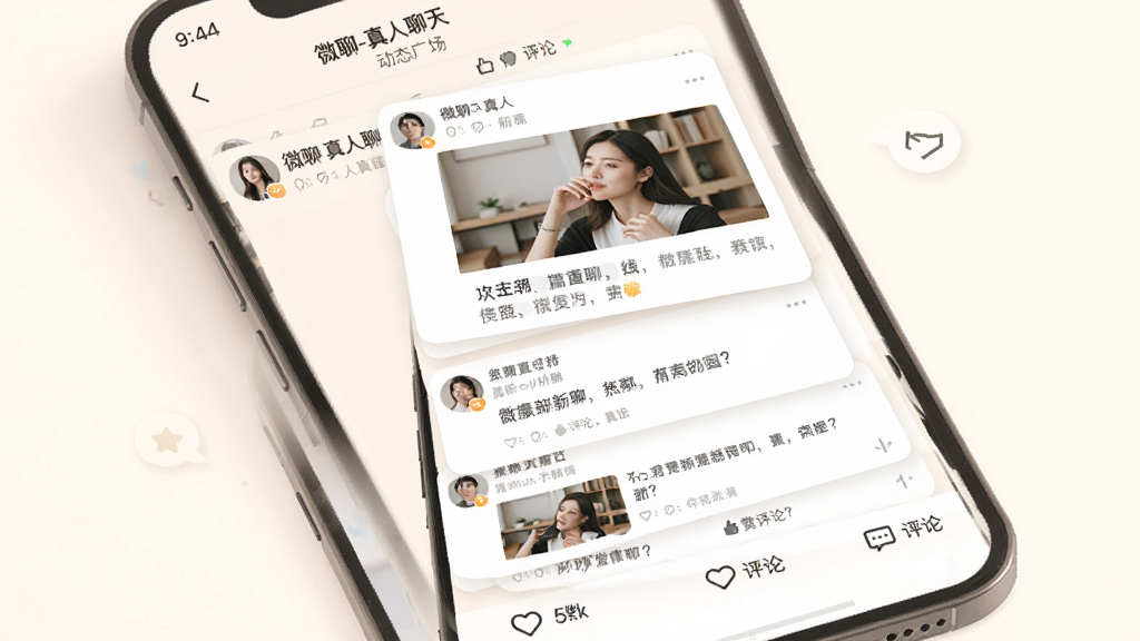 手机应用界面展示“微聊-真人聊天”的动态广场页面,画面中有多条用户动态卡片,包含图片和文字,底部有点赞评论图标,背景为暖白色,风格清新浅色,布局纵向滚动样式,画质明亮干净,无多余元素