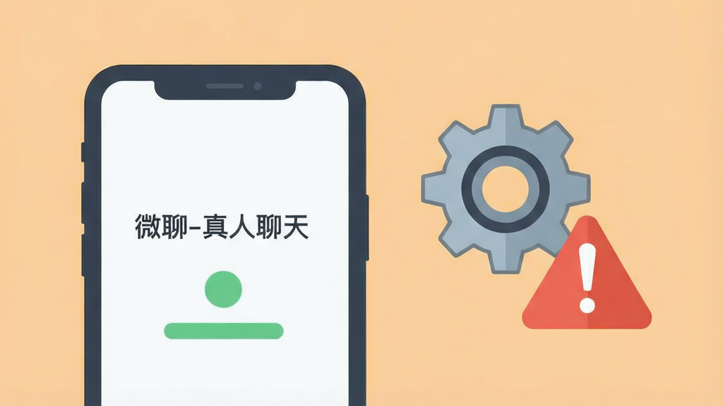 一张手机应用故障排查示意图,画面中一部手机屏幕显示“微聊-真人聊天”的加载界面,旁边有齿轮设置图标和感叹号提示符号,背景为浅橙色,风格扁平化插画,布局简洁明了,画质清晰干净,无多余元素