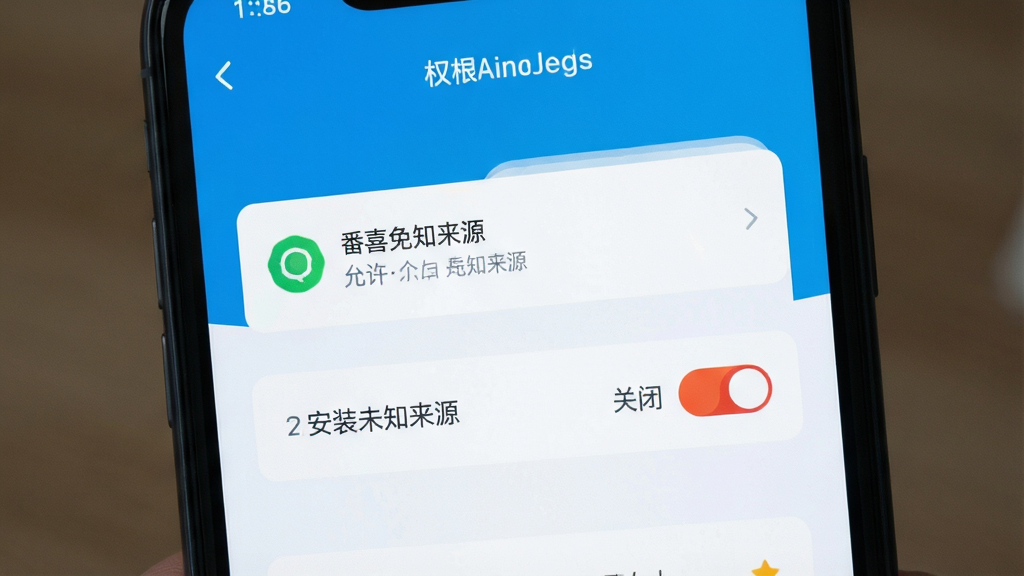 番喜免费短剧 手机安全设置界面 权限管理页面 显示允许安装未知来源 关闭无关权限 蓝色调 扁平化设计 高清画质 干净无多余元素
