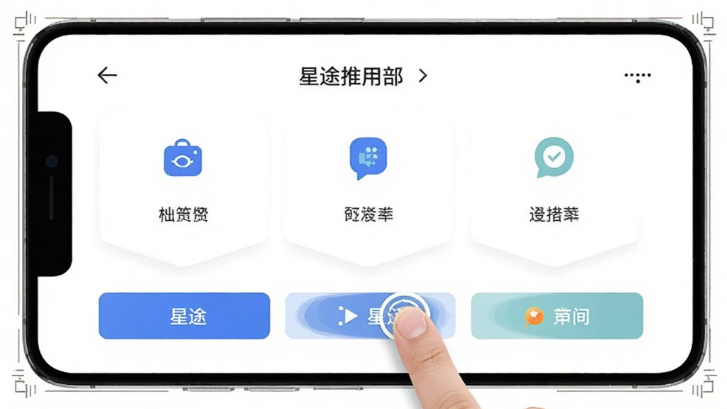 星途推应用界面截图风格展示,屏幕中显示清晰的功能分区和按钮布局,有手指点击屏幕的示意动作,背景为纯白色,四周有简约的线条装饰,UI设计风格扁平化,画质清晰干净无多余元素