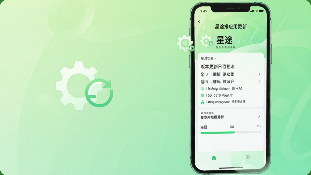 星途推应用更新界面展示,屏幕中显示版本更新日志和进度条,有齿轮和刷新箭头图标,背景为浅绿色渐变,风格清新明快,画质清晰干净无多余元素