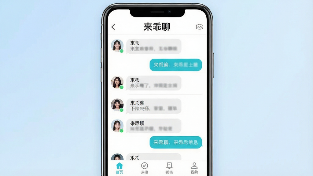 一张展示来乖聊软件主界面的手机样机图。主体为一部竖屏智能手机,屏幕内显示来乖聊聊天列表界面,顶部带有“来乖聊”文字标识。布局为手机居中放置,背景是柔和的浅蓝渐变。排版突出手机屏幕内容,风格为现代简约科技风。细节包括聊天头像、消息气泡、底部导航栏图标。画质清晰,干净,无多余元素。