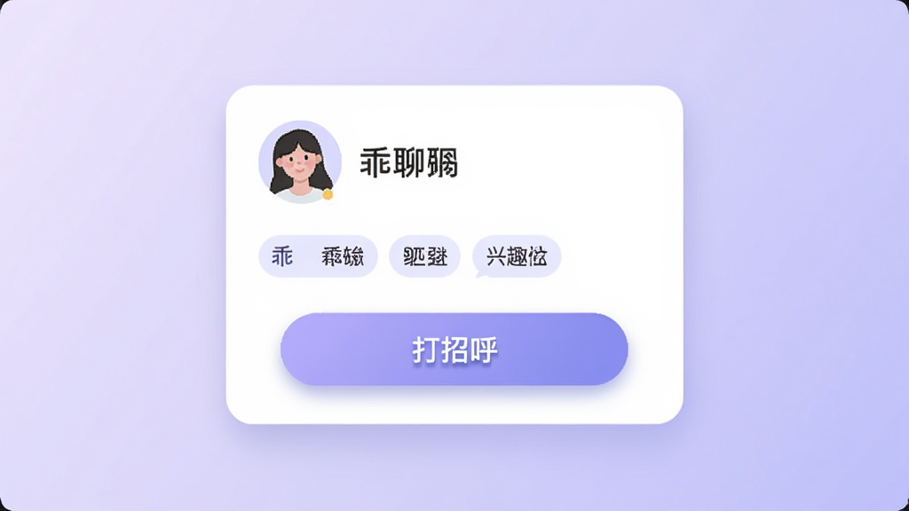 来乖聊匹配推荐页面示意图,画面展示一张用户卡片,卡片上有头像、昵称、兴趣标签,下方有“打招呼”按钮。布局为卡片居中,背景为淡紫色渐变。风格为柔和扁平化。细节包括标签小图标和按钮阴影。画质清晰,干净,无多余元素。