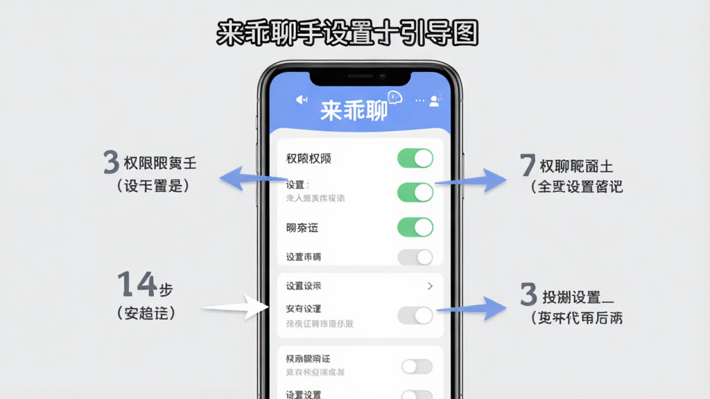 来乖聊新手设置引导图,画面展示手机屏幕上排列着权限开关和设置选项,旁边有箭头指示操作步骤。布局为手机居中,背景为浅灰色。风格为教程图解式。细节有“来乖聊”文字标识和步骤数字。画质清晰,干净,无多余元素。