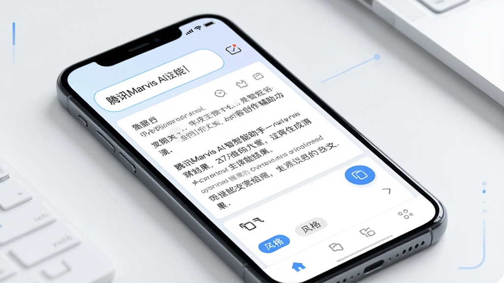 一张展示腾讯Marvis AI智能助手内容创作辅助功能的界面图,主体为手机屏幕中显示文章生成结果,布局为顶部输入框加下方结果展示区,排版整洁,风格为清新浅色商务风,细节包括文字段落、复制按钮、风格切换标签,画质高清,干净,无多余元素