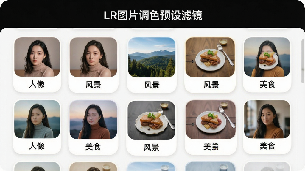 LR图片调色预设滤镜预设库界面展示,画面中手机屏幕内整齐排列着多组滤镜缩略图,每组缩略图下方标注“人像”“风景”“美食”等分类文字,屏幕上方有“LR图片调色预设滤镜”字样,整体采用柔和圆角卡片设计,色彩丰富但不过于艳丽,画质干净清晰