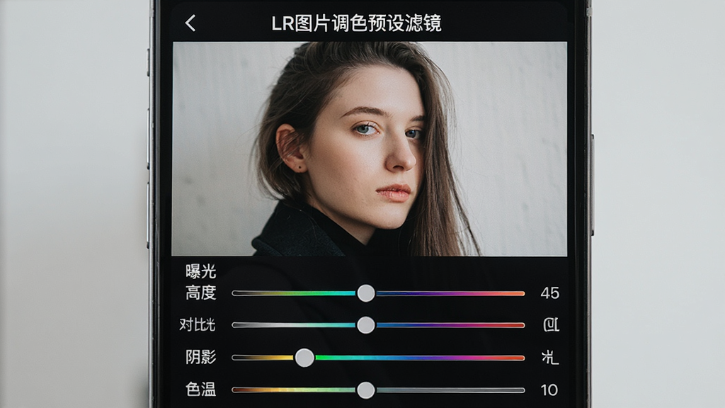 LR图片调色预设滤镜参数调节界面,手机屏幕显示一张人物照片,下方排列着“曝光”“对比度”“高光”“阴影”“色温”等调节滑杆,滑杆带有彩色渐变轨道,屏幕顶部有“LR图片调色预设滤镜”文字标识,界面风格简洁专业,画质清晰,无杂乱元素