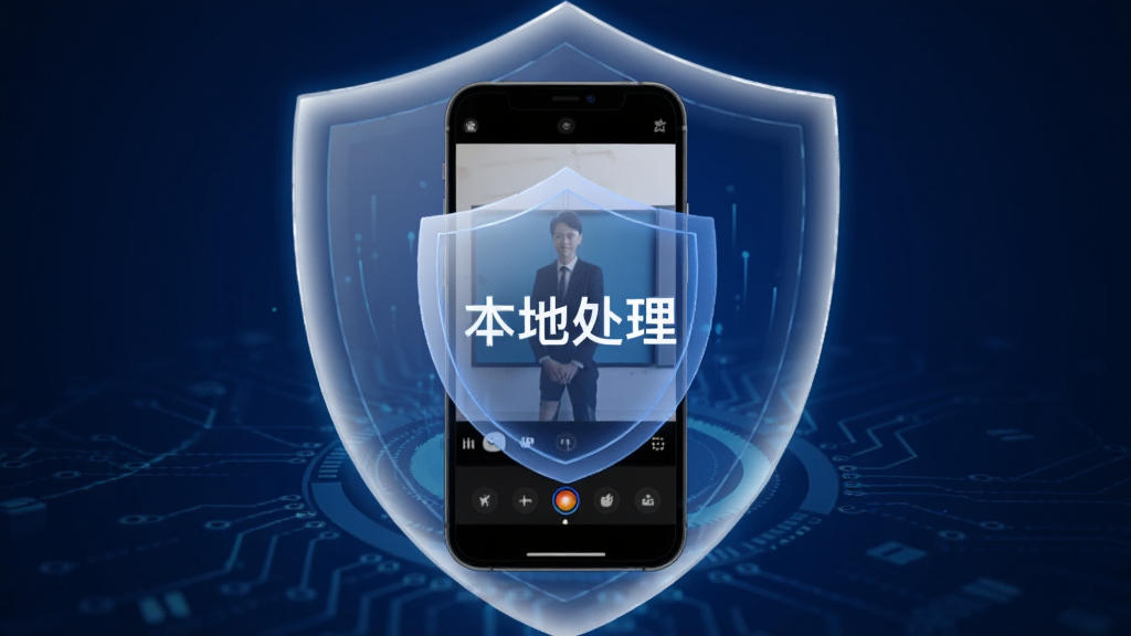 LR图片调色预设滤镜隐私安全示意图,画面中央一部手机被盾牌形状的光环环绕,手机屏幕内显示照片调色界面,盾牌上写有“本地处理”字样,背景为深蓝色科技感渐变,整体风格稳重可靠,画质干净,无多余装饰