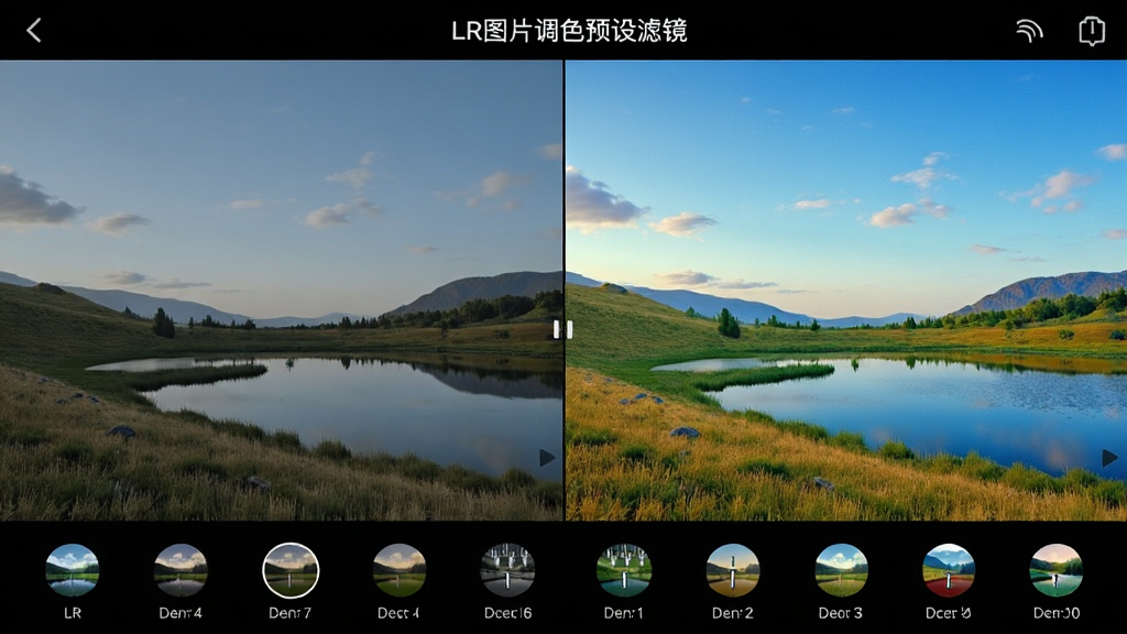 LR图片调色预设滤镜历史记录与对比预览界面,手机屏幕左右分屏显示同一张风景照片的原图与调色后效果,中间有分割线,屏幕底部排列着时间轴式的历史步骤图标,顶部有“LR图片调色预设滤镜”文字,界面布局清晰,画质明亮