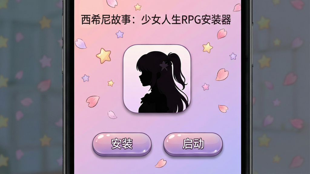 一张展示手机屏幕的图片,画面中央是“西希尼故事:少女人生RPG安装器”的软件启动界面,界面采用柔和的粉紫渐变色调,背景点缀着星星与花瓣元素,主体是一个精致的少女剪影图标,下方有“安装”与“启动”两个圆角按钮,布局简洁居中,风格为二次元唯美手绘风,细节上体现按钮的高光与阴影质感,画质清晰干净,无多余文字与杂乱元素。
