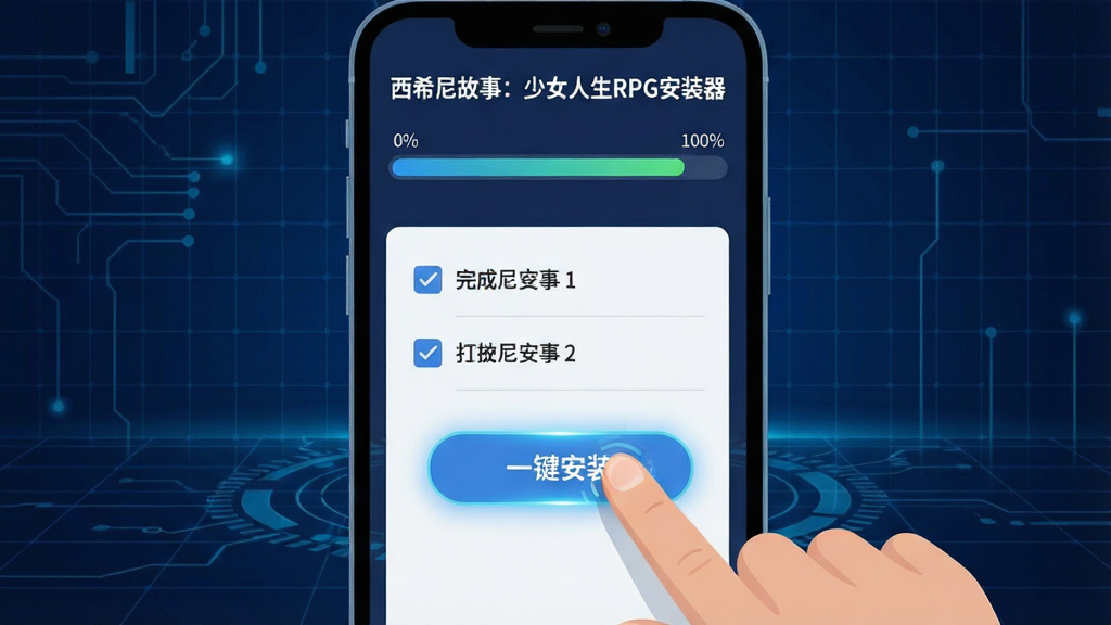 一张展示手机屏幕操作界面的图片,画面中一只手正点击“一键安装”按钮,屏幕上方显示进度条从0%到100%的动画效果,背景为深蓝色科技感网格,界面元素包括“西希尼故事:少女人生RPG安装器”的标题和几个勾选完成的步骤列表,风格为扁平化UI设计,细节上按钮带有微光反馈,画质清晰干净,无多余装饰。