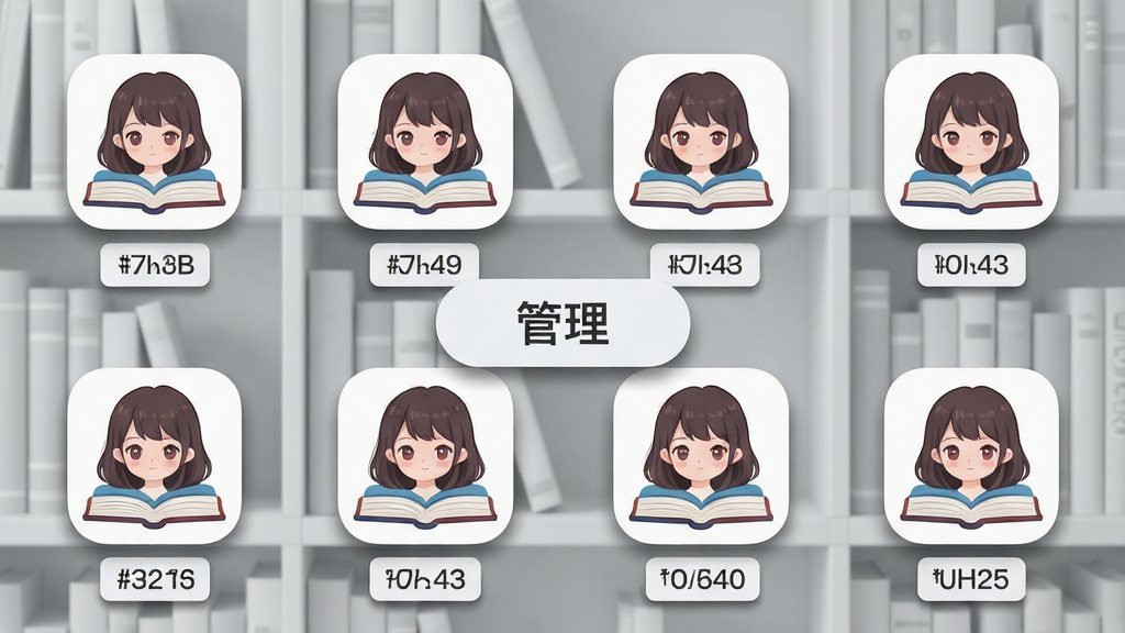 一张展示多个手机应用图标排列的图片,每个图标下方有不同版本号标签,图标风格统一为少女头像与书本组合,背景为浅灰色书架纹理,画面中央有一个“管理”按钮,风格为清新极简,细节上图标带有轻微投影,画质清晰干净,无杂乱文字。