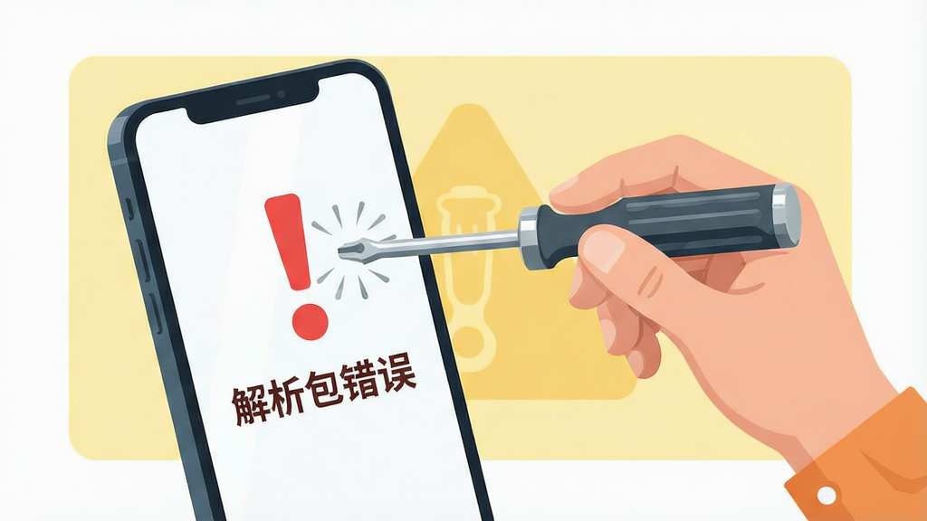 一张展示手机屏幕出现错误提示的图片,画面中手机屏幕显示红色感叹号与“解析包错误”文字,旁边有一只手拿着螺丝刀做出维修姿态,背景为浅黄色警告色块,风格为扁平插画,细节上螺丝刀带有金属光泽,画质清晰干净,无多余元素。
