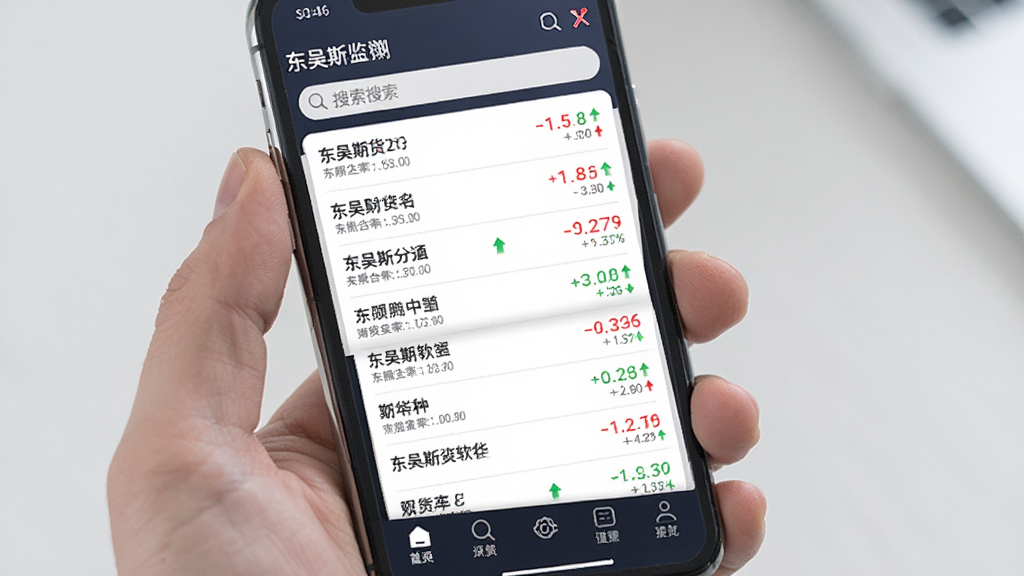 东吴期货通软件内行情列表页面预览图,主体为手机屏幕显示多个期货合约名称与涨跌数据,布局为纵向列表排列,风格现代金融科技感,细节包含红绿涨跌箭头、搜索框、底部菜单栏,画质清晰,干净,无多余元素