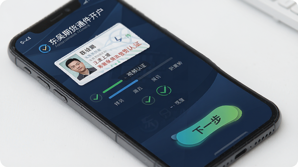 东吴期货通软件开户流程界面预览图,主体为手机屏幕显示身份证上传与视频认证步骤,布局为分步引导式排版,风格专业金融,细节包含进度条、勾选图标、下一步按钮,画质高清,干净,无多余元素