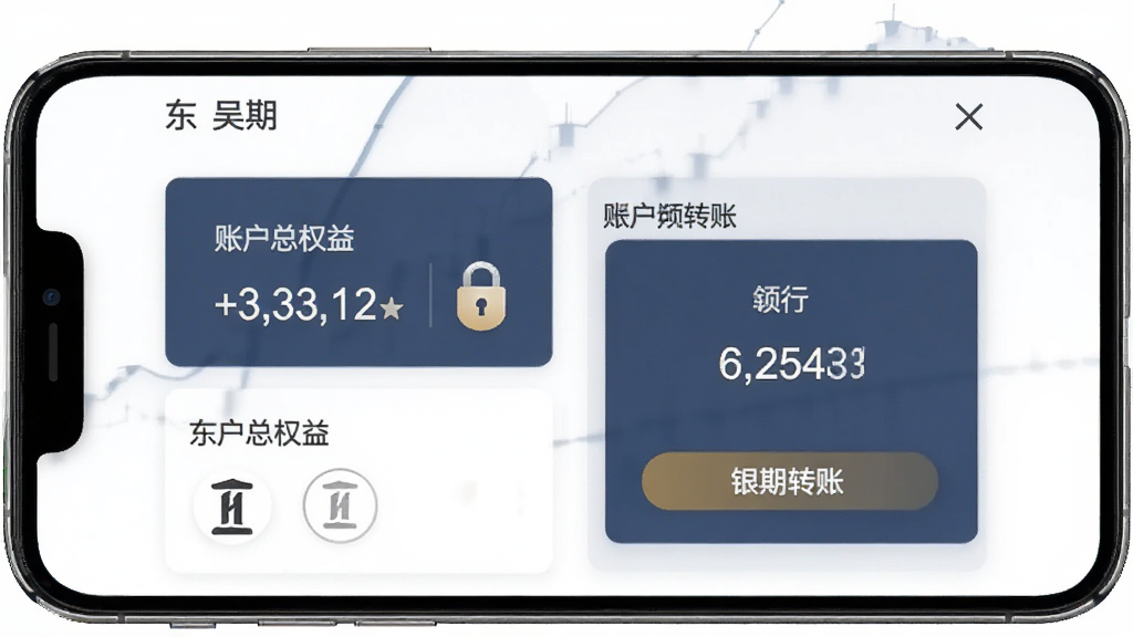 东吴期货通软件资金账户页面预览图,主体为手机屏幕显示账户总权益与银期转账入口,布局为卡片式信息展示,风格稳重安全,细节包含数字金额、银行图标、安全锁标志,画质清晰,干净,无多余元素