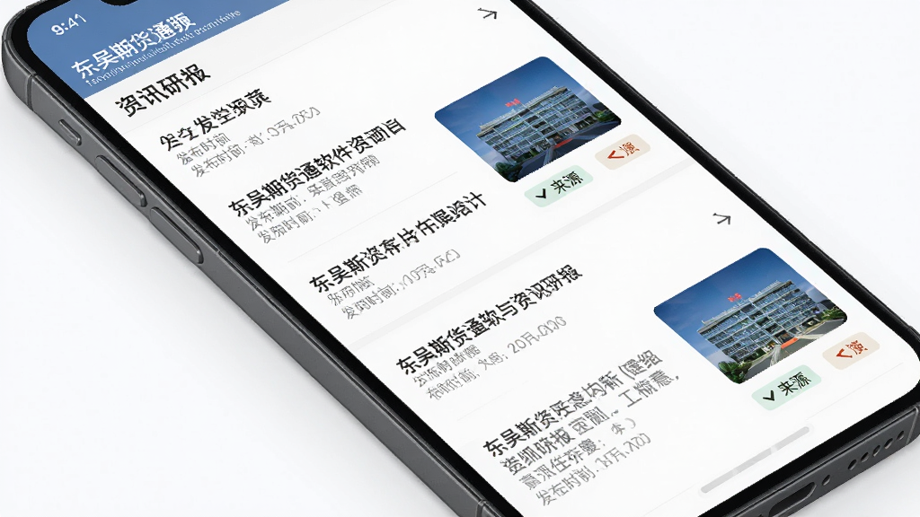 东吴期货通软件资讯研报页面预览图,主体为手机屏幕显示新闻列表与研报标题,布局为图文混排资讯流,风格清新阅读感,细节包含发布时间、来源标签、缩略图,画质高清,干净,无多余元素