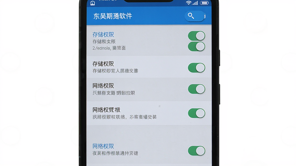 东吴期货通软件在安卓手机上的安装权限设置界面预览图,主体为手机屏幕显示权限开关列表,布局为纵向设置项排列,风格简洁系统原生,细节包含存储权限与网络权限开关按钮、提示文字,画质高清,干净,无多余元素