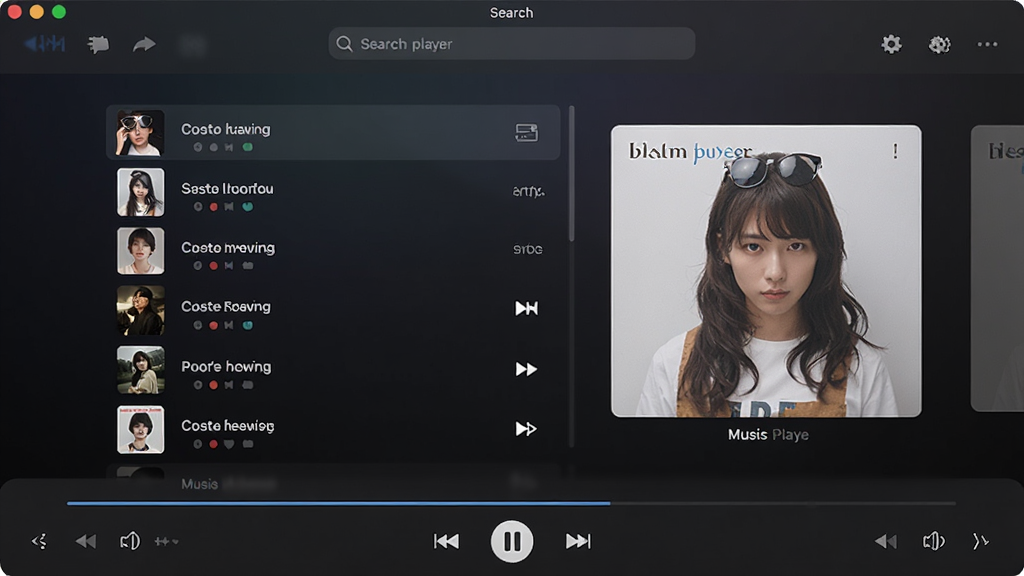 番歌音乐player软件主界面截图,画面中央展示音乐播放列表与专辑封面,顶部有搜索栏,底部是播放控制条,背景为深色渐变风格,界面干净整洁,无多余元素,高清画质