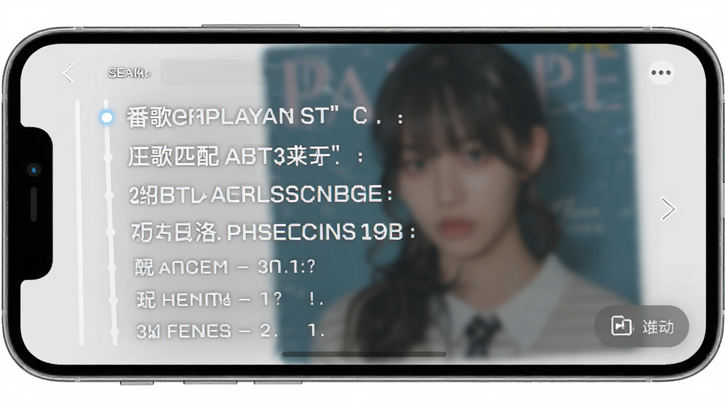 番歌音乐player智能歌词匹配界面,手机屏幕显示歌词逐行滚动效果,背景为模糊的专辑封面,歌词字体清晰,右下角有悬浮窗按钮,整体风格简洁清新