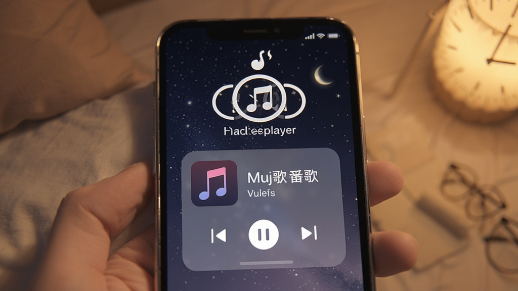 番歌音乐player睡眠定时与后台播放功能示意图,手机锁屏界面显示音乐控制卡片,背景为夜晚星空,时钟图标与音乐符号结合,风格温馨静谧