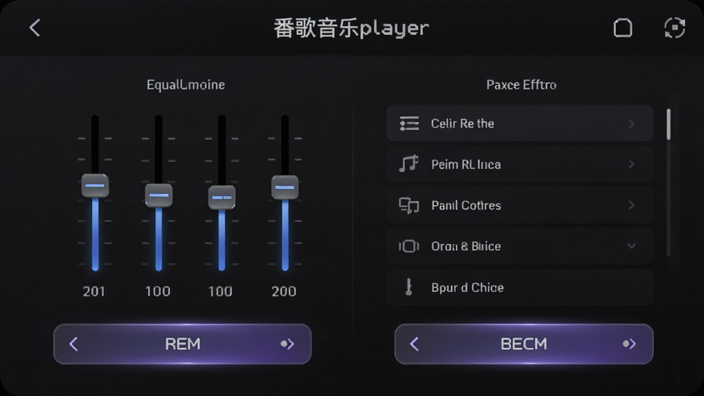 番歌音乐player音效调节面板,展示均衡器滑块与预设音效列表,界面采用深色主题,按钮带有发光效果,布局对称,画面干净无杂乱元素