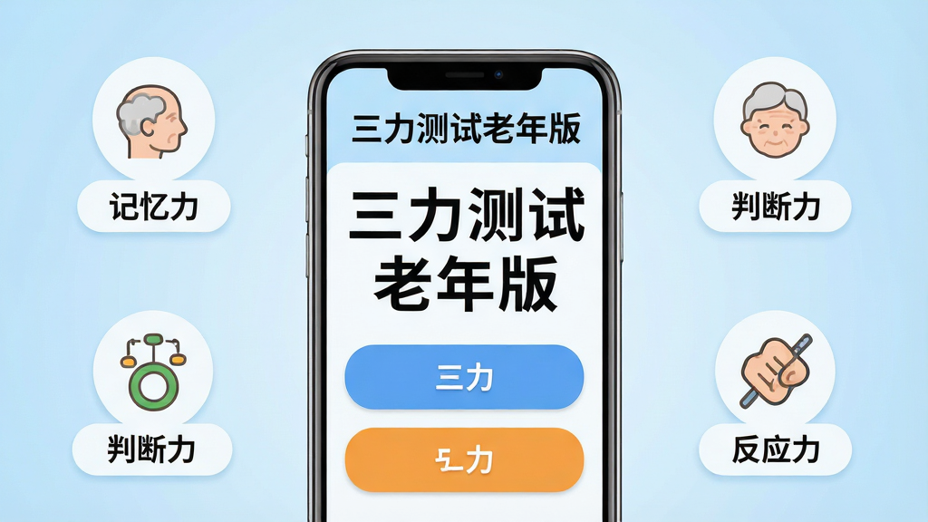 一张展示三力测试老年版手机应用主界面的图片,画面中央是一部智能手机,屏幕上显示大字体、大按钮的考试练习界面,上方有“三力测试老年版”文字标题,背景是柔和的浅蓝色渐变,周围环绕着记忆力、判断力、反应力三个图标标签,整体风格简洁清晰,适合老年人观看,画面干净整洁,画质高清,无多余元素