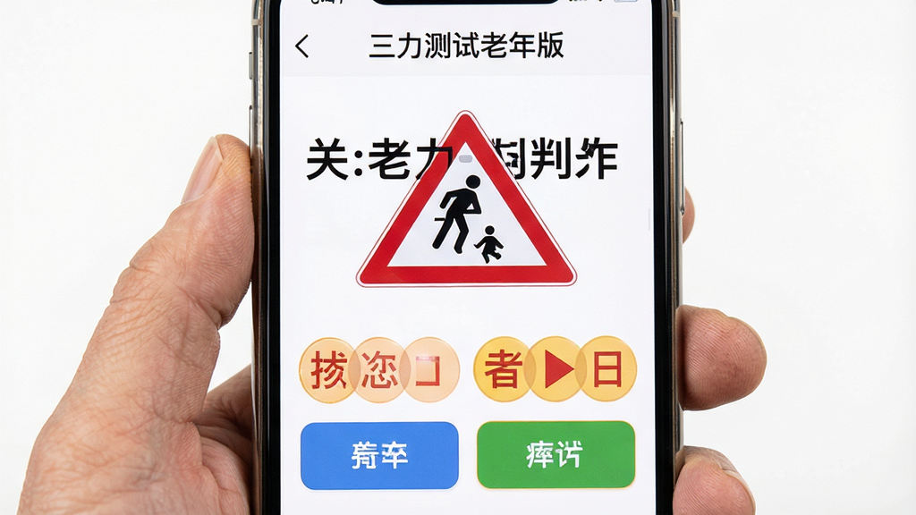 一张三力测试老年版题库练习界面的图片,画面中手机屏幕显示一道关于交通标志的判断力测试题,题目文字大而清晰,选项按钮醒目,屏幕上方标注“三力测试老年版”字样,背景为干净的白色,整体排版简洁明了,适合老年人阅读,画质高清,无多余装饰元素