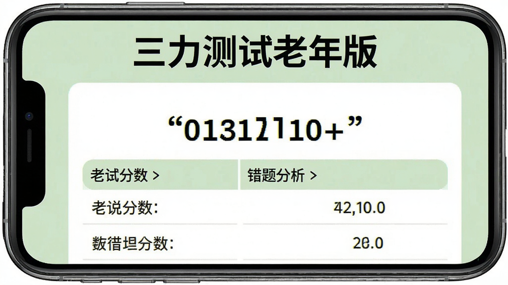 一张三力测试老年版模拟考试结果页面的图片,手机屏幕中央显示考试分数和错题分析列表,上方有“三力测试老年版”文字标识,背景为淡绿色,页面布局清晰,字体较大,适合老年人查看,整体风格简洁专业,画质高清,无多余元素