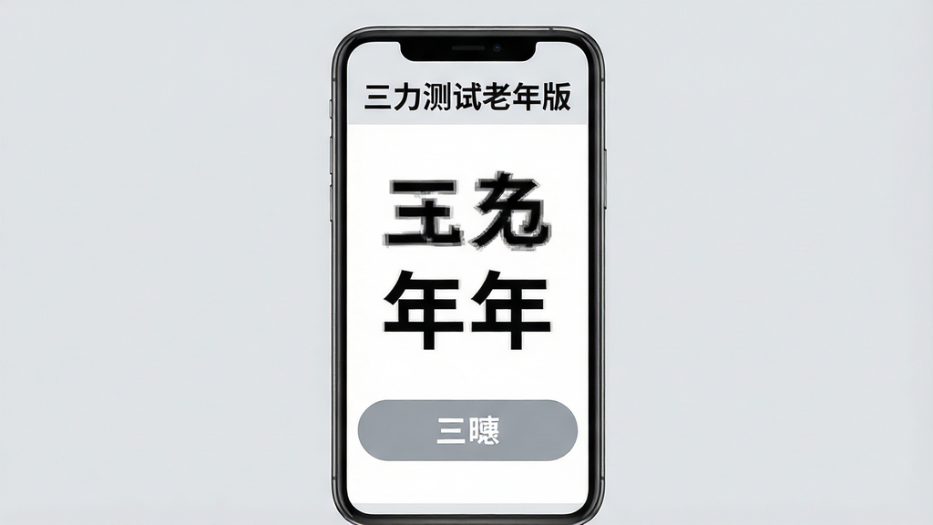 一张展示三力测试老年版大字界面设计的图片,手机屏幕显示大号文字和宽大按钮的练习页面,上方有“三力测试老年版”标题,背景为柔和的浅灰色,整体排版宽敞舒适,字体清晰易读,画质高清,画面干净,无多余元素