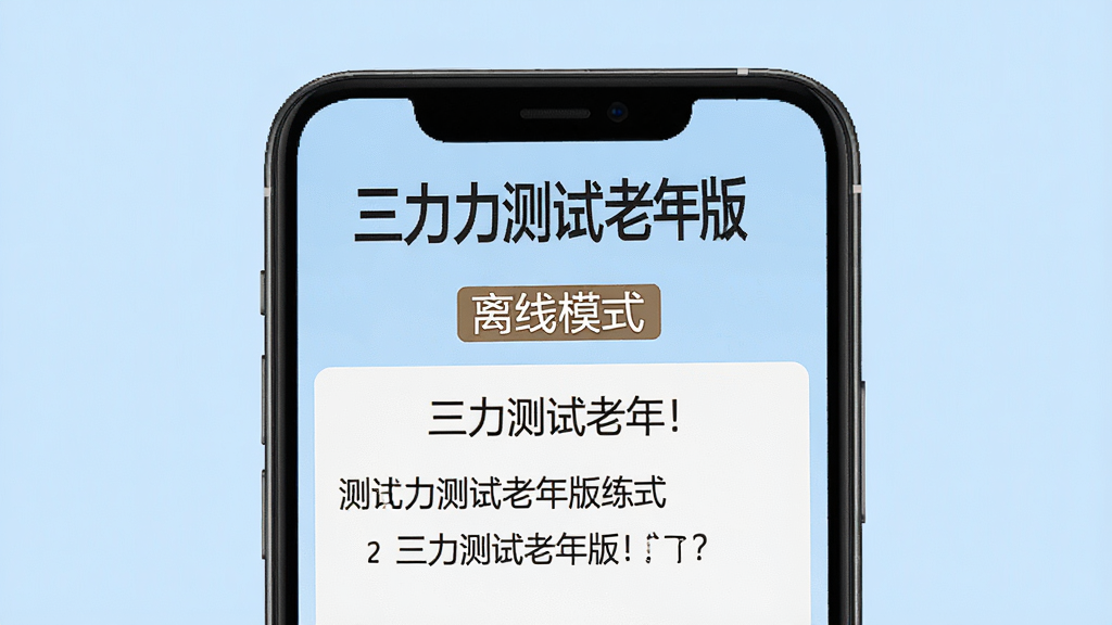 一张三力测试老年版离线练习模式的图片,手机屏幕显示“离线模式”标识和练习题目,上方有“三力测试老年版”字样,背景为淡蓝色,画面简洁,字体大而清晰,适合老年人观看,画质高清,无多余元素