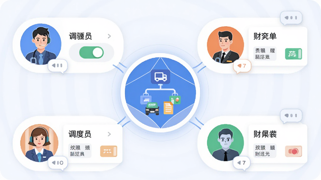 画面主体为汇飙智运APP的车队管理界面,布局采用中心辐射式排版,中心为车队组织架构图标,四周分布着调度员、司机、财务等角色图标,风格为现代商务扁平插画,细节包括角色图标旁的权限开关、消息气泡、运单卡片,画质高清,干净,无多余元素