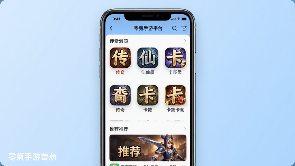 一张展示零氪手游平台首页的图片,主体为一部智能手机屏幕,屏幕中显示零氪手游APP的界面,界面中包含传奇、仙侠、卡牌等游戏分类图标和推荐位,布局清晰整洁,背景为浅蓝色渐变,风格为现代扁平化科技感,细节包括圆角图标、柔和阴影,画质高清,干净,无多余元素