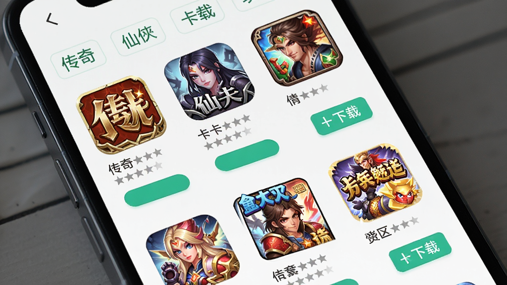一张展示零氪手游游戏库分类页面的图片,主体为手机屏幕中的游戏列表,布局为网格状排列的游戏图标,包含传奇、仙侠、卡牌等标签,风格为清新简约,细节包括彩色游戏封面、评分星级、下载按钮,画质高清,干净,无多余元素