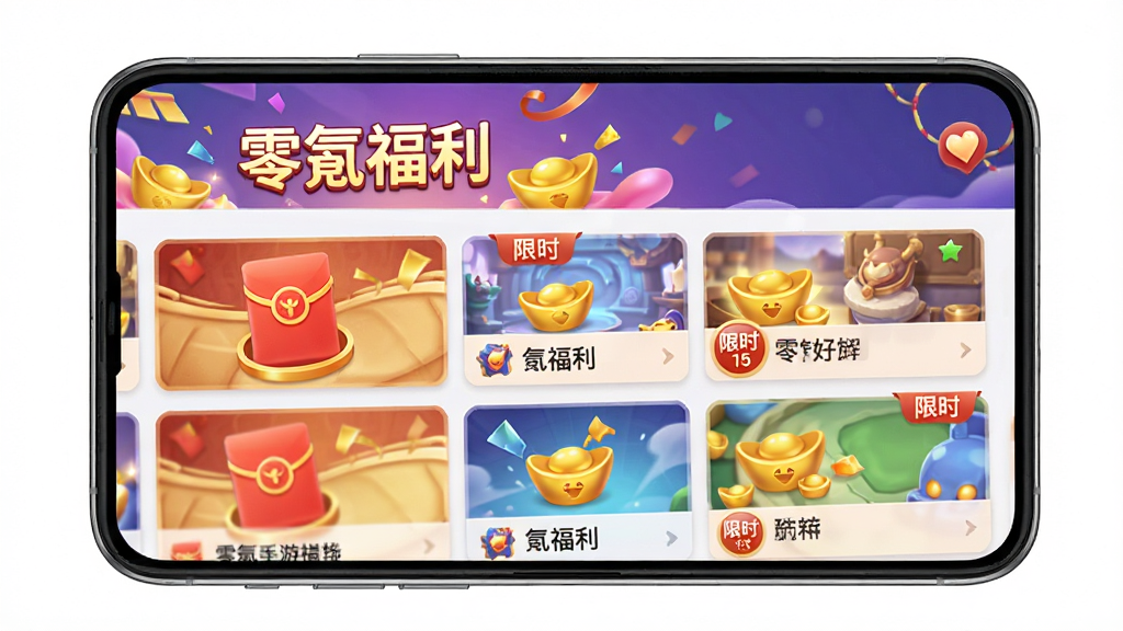 一张展示零氪手游福利专区界面的图片,主体为手机屏幕,屏幕中显示“零氪福利”横幅和多个游戏福利卡片,布局为纵向列表,风格为喜庆活泼,细节包括红包图标、元宝图标、限时标签,画质高清,干净,无多余元素