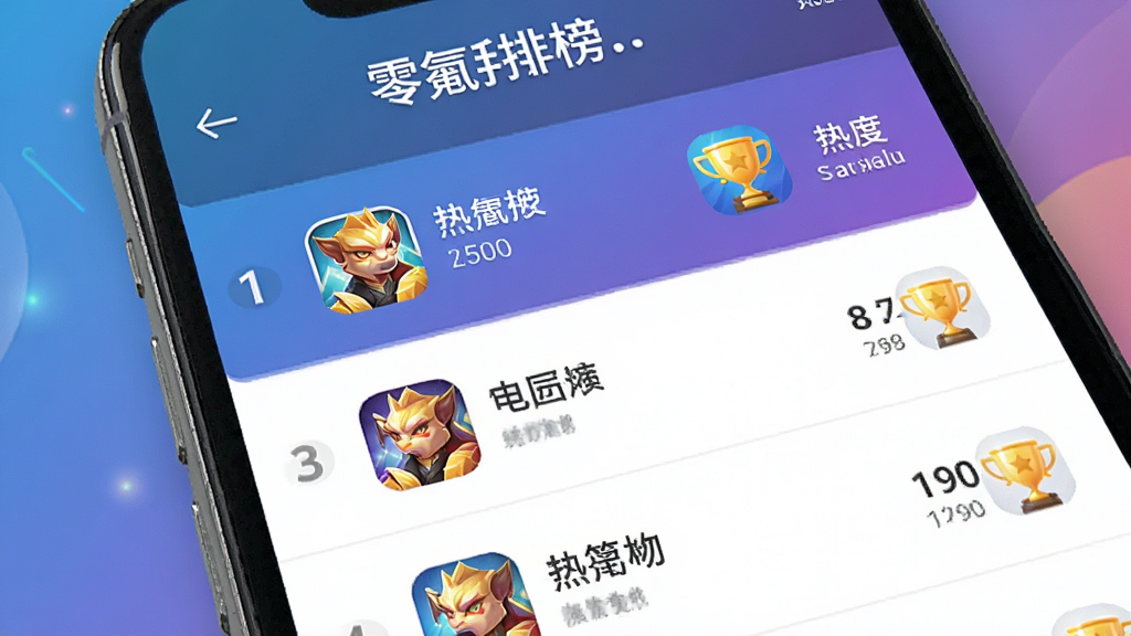 一张展示零氪手游排行榜页面的图片,主体为手机屏幕中的排行榜列表,布局为上下排列的榜单条目,包含排名数字、游戏图标、游戏名称和热度值,风格为现代商务,细节包括金色奖杯图标、渐变背景,画质高清,干净,无多余元素