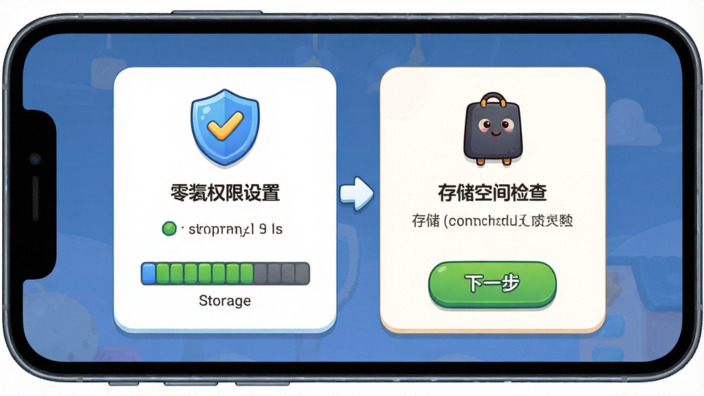 一张展示零氪手游新手引导界面的图片,主体为手机屏幕,屏幕中显示安装权限设置和存储空间检查提示,布局为分步引导卡片,风格为友好卡通,细节包括盾牌安全图标、存储条、下一步按钮,画质高清,干净,无多余元素