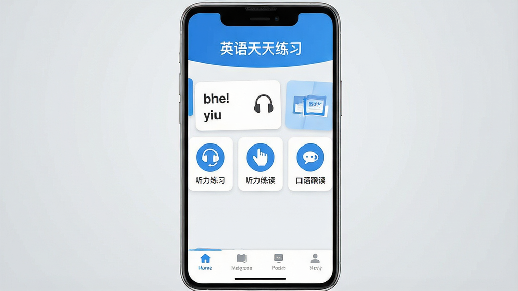 一张展示英语天天练习软件主界面的手机屏幕截图,画面中央是软件首页,顶部有“英语天天练习”文字标识,中间排列着单词卡片、听力练习、口语跟读三个功能入口图标,底部为导航栏,整体采用清爽的蓝白配色,背景为浅灰色渐变,风格简洁现代,细节清晰,画质干净,无多余元素