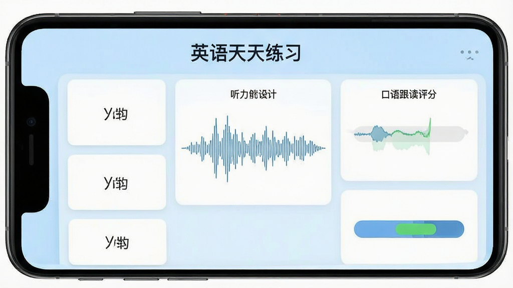 一张展示英语天天练习多维度练习模块界面的手机截图,画面中同时呈现单词卡片、听力波形图和口语跟读评分条三个区域,顶部有“英语天天练习”文字,背景为柔和的浅蓝色,风格清新,细节清晰,画质干净,无多余元素