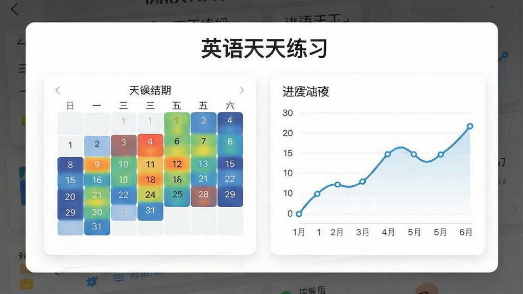 一张展示英语天天练习学习进度可视化界面的手机截图,画面中有日历热力图和折线图,顶部有“英语天天练习”文字,背景为白色卡片式布局,风格简约商务,细节清晰,画质干净,无多余元素