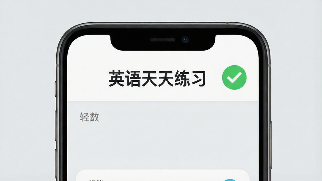一张展示英语天天练习在手机上运行流畅的界面截图,画面中软件界面清晰,顶部有“英语天天练习”文字,旁边有绿色对勾标识,背景为浅灰色,风格简洁直观,细节清晰,画质干净,无多余元素