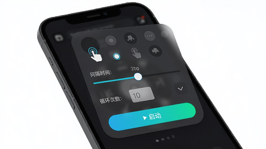 多指手机连点器功能界面展示图,画面主体为手机屏幕上的悬浮控制面板,面板中包含多个点击点标记、间隔时间滑块、循环次数输入框和启动按钮,布局采用上下分区排版,风格为扁平化深色主题,细节包括半透明磨砂背景和亮色高亮按钮,画质清晰干净,无多余元素