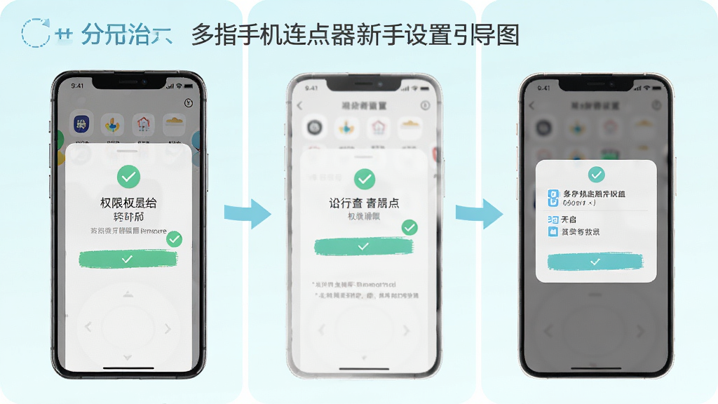 多指手机连点器新手设置引导图,画面主体为手机屏幕展示权限开启界面和悬浮窗设置步骤,布局采用分步截图排列,风格为清新浅色系,细节包括勾选标记和箭头指引,画质清晰干净,无多余元素