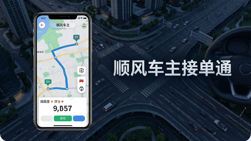 一张展示顺风车主接单通智能路线匹配功能的图片,画面中手机屏幕显示地图路线和顺路度评分,旁边有“顺风车主接单通”字样,背景是城市道路俯瞰图,风格科技感,细节清晰,画质高清,干净,无多余元素