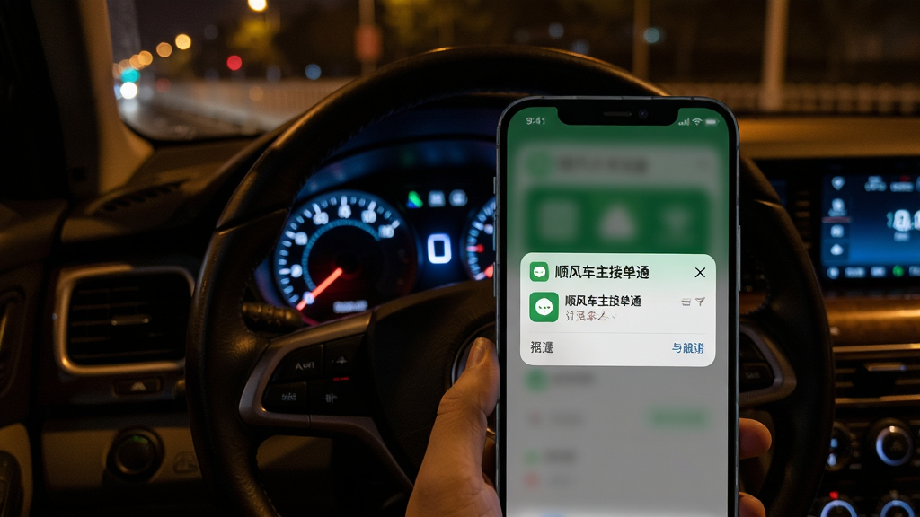 一张展示顺风车主接单通订单提醒功能的图片,手机屏幕弹出新订单通知,上面写着“顺风车主接单通”,背景是夜间车内环境,仪表盘微光,风格写实,细节丰富,画质清晰,干净,无多余元素