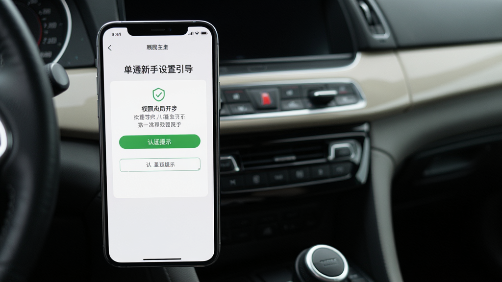 一张展示顺风车主接单通新手设置引导页面的图片,手机屏幕显示权限开启步骤和认证提示,背景是车内中控台,风格简洁明了,细节清晰,画质高清,干净,无多余元素